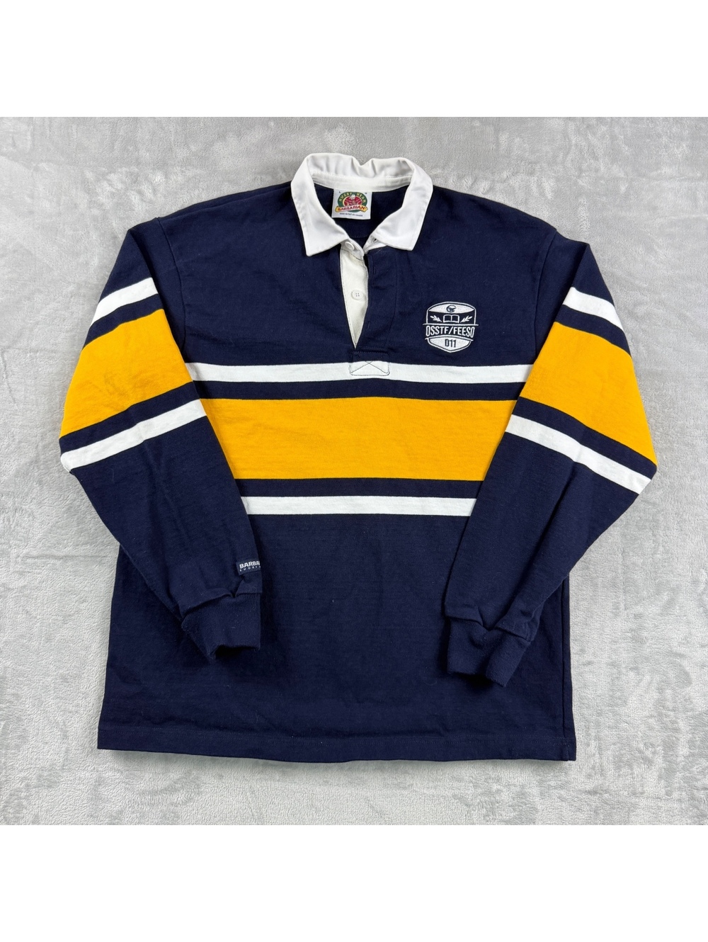 VTG Barbarian Men Rugby Shirt Navy Yellow Stripe Canada Made Size L Collegiate